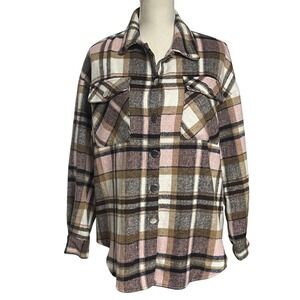 E Pretty Pink Brown Plaid Shacket Womens Small